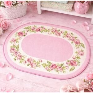 Floral Skid Resistant Accent Rug Roses Pink Oval Bath Rug Vintage Cottagecore